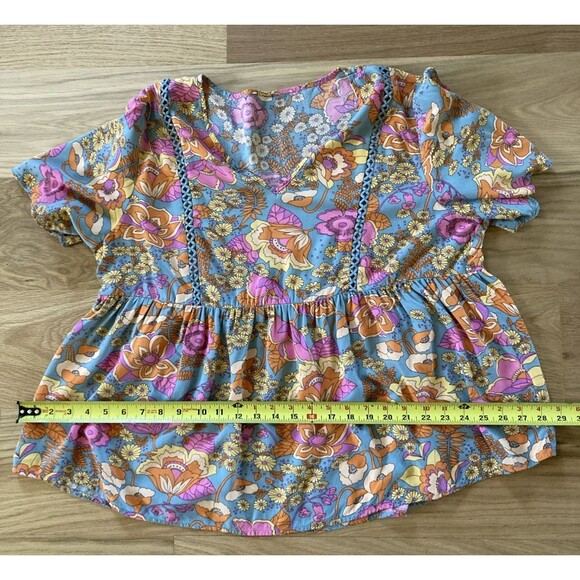 Babydoll Hippie Boho Top XL Blue Orange Retro Floral Short Sleeve Funky Grunge - Picture 12 of 13